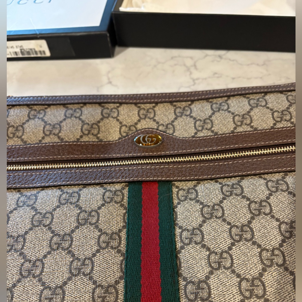 Gucci Beige Monogram Bag With Brown Leather And Green-Red Stripe